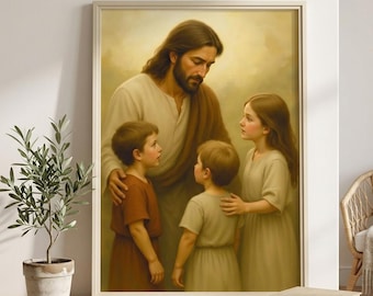 Lámina artística de Jesús con niños, Cristo bendiciendo a los niños pequeños, decoración de pared cristiana, regalo religioso