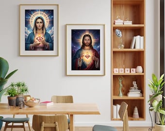 Conjunto de quadros decorativos do Sagrado Coração de Jesus e Maria | 61 x 91 cm (24 x 36 polegadas) 300 DPI