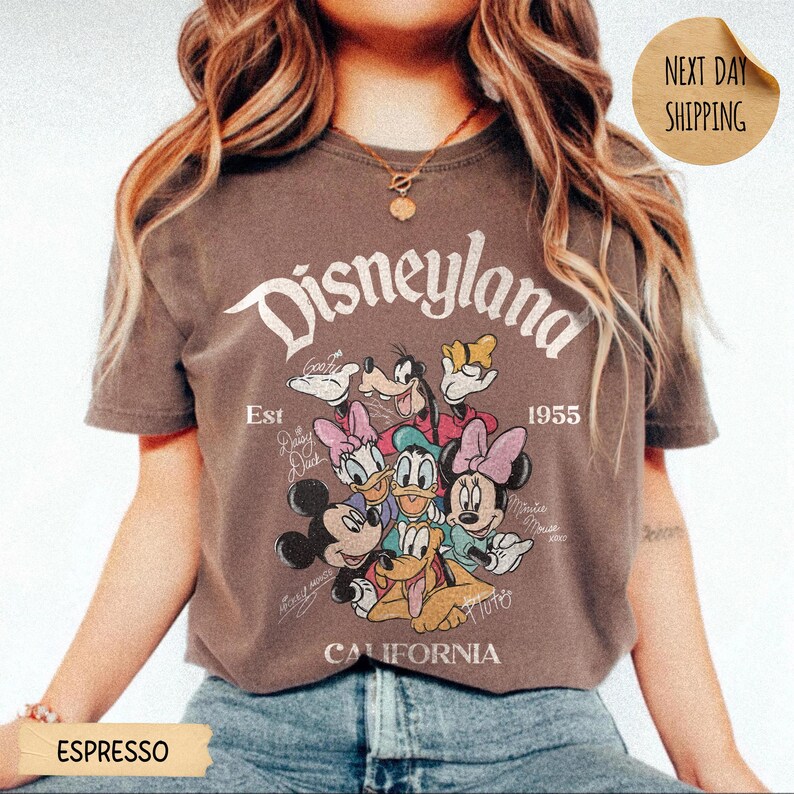 May include: A brown short-sleeve t-shirt featuring a graphic print of Mickey Mouse, Minnie Mouse, Donald Duck, Daisy Duck, Goofy, and Pluto. The text reads Disneyland, Est 1955, and California, with character names written in a script font.