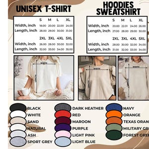 Puede incluir: Tablas de tallas para camisetas unisex y sudaderas con capucha. La tabla de camisetas enumera tallas S-XL y 2XL-5XL, con anchos de 45.7 a 81.3 cm y largos de 71.1 a 88.9 cm. La tabla de sudaderas con capucha muestra tallas y medidas similares.