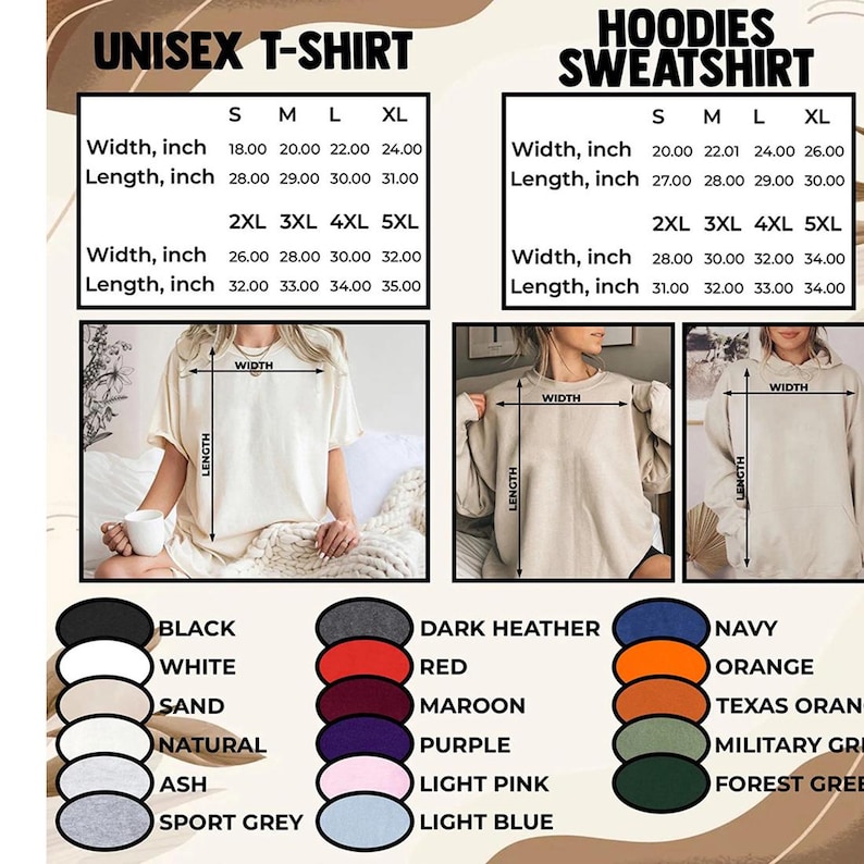 Puede incluir: Tablas de tallas para camisetas unisex y sudaderas con capucha. La tabla de camisetas enumera tallas S-XL y 2XL-5XL, con anchos de 45.7 a 81.3 cm y largos de 71.1 a 88.9 cm. La tabla de sudaderas con capucha muestra tallas y medidas similares.