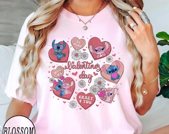 Camiseta de San Valentín de Stitch, linda camiseta de pareja de Stitch, regalo de San Valentín de Disney para parejas, camiseta de Stitch y corazón de ángel, día de San Valentín de Disney