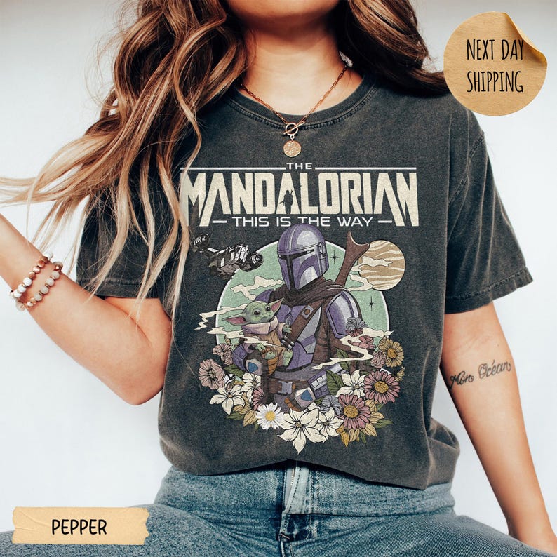 May include: Pepper-colored t-shirt featuring a graphic of The Mandalorian and Grogu, with the text "The Mandalorian - This is the Way." The design includes a space scene with flowers. The shirt has a vintage, worn look.