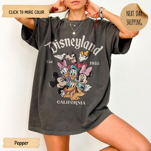 Op de afbeelding: Donkergrijs T-shirt met het Disneyland-logo en een afbeelding van Disney-figuren zoals Mickey Mouse, Minnie Mouse, Donald Duck en Goofy. De tekst "Est 1955" en "California" zijn ook zichtbaar. Het shirt heeft een relaxte pasvorm.