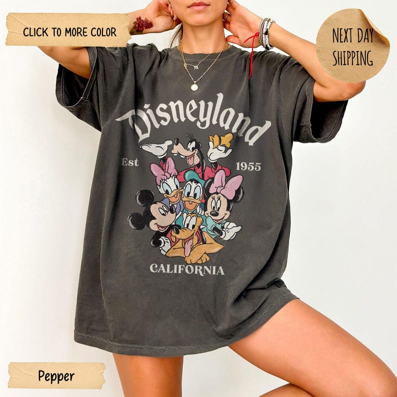 Op de afbeelding: Donkergrijs T-shirt met het Disneyland-logo en een afbeelding van Disney-figuren zoals Mickey Mouse, Minnie Mouse, Donald Duck en Goofy. De tekst "Est 1955" en "California" zijn ook zichtbaar. Het shirt heeft een relaxte pasvorm.