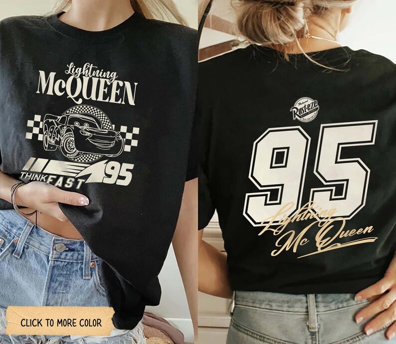 May include: Black t-shirt featuring Lightning McQueen graphic. The front displays the text "Lightning McQueen" above a cartoon car and the number "95". The back of the shirt has a large "95" and "Lightning McQueen" text.
