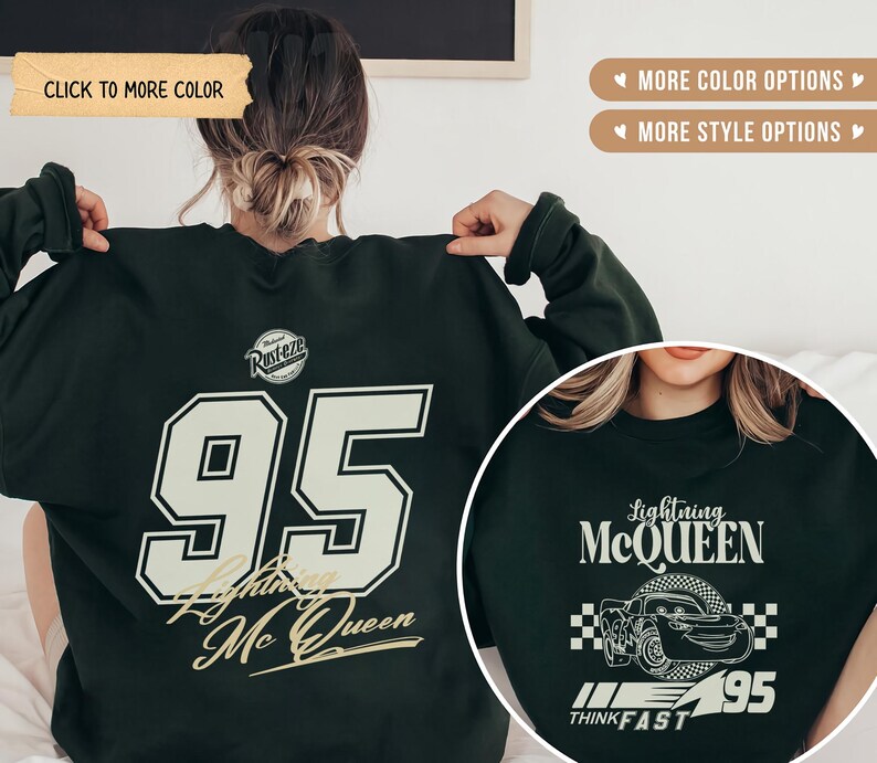 May include: Dark green sweatshirt featuring the number 95 in a white and gold font, with "Lightning McQueen" text. The back of the sweatshirt has the number 95 and "Lightning McQueen" text. The front has a Lightning McQueen graphic.