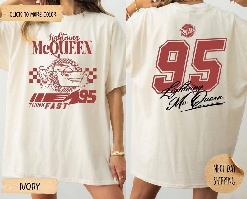 May include: Ivory-colored t-shirt featuring Lightning McQueen graphics. The front displays the character's image, the text "Lightning McQueen", and "95". The back shows a large "95" and "Lightning McQueen" in red. The shirt has a relaxed fit.
