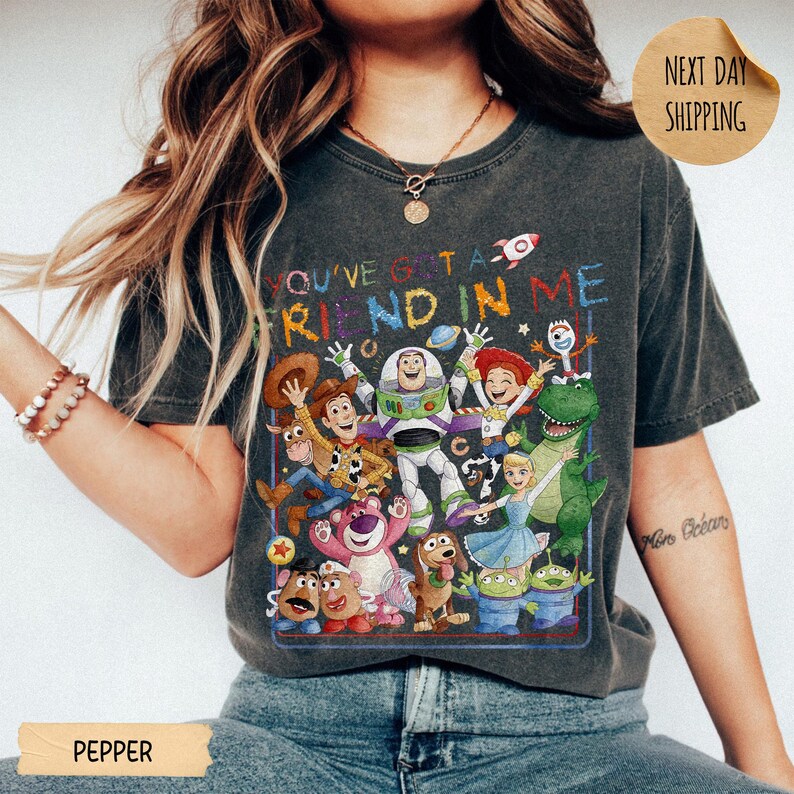 May include: A charcoal gray t-shirt featuring a colorful graphic of various animated toy characters and the text "YOU'VE GOT A FRIEND IN ME" in a multi-colored, distressed font. The design includes characters like a cowboy, space ranger, and dinosaur.