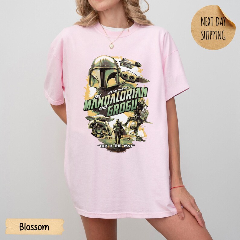Pu&ograve; includere: T-shirt rosa chiaro con una grafica di "The Mandalorian" con il testo "The Mandalorian and Grogu" e "This is the Way". Il design include immagini del Mandaloriano, Grogu e altri personaggi dello show.