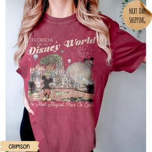 May include: Crimson t-shirt featuring a vintage-style graphic of Disney World in Florida. The design includes Mickey Mouse, the park's landmarks, and the text "Florida Disney World Est. 1971" and "The Most Magical Place On Earth."