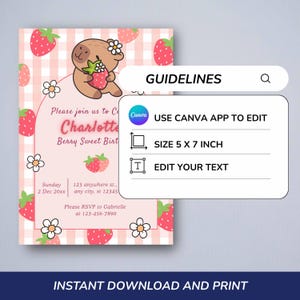 GUIDELINES | Capybara Birthday invitation, Cute Floral Pink Girls Capybara Party Invite, Spring Capy Birthday | Canva EDITABLE Printable Instant Download