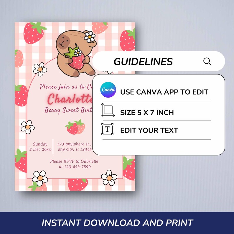 GUIDELINES | Capybara Birthday invitation, Cute Floral Pink Girls Capybara Party Invite, Spring Capy Birthday | Canva EDITABLE Printable Instant Download