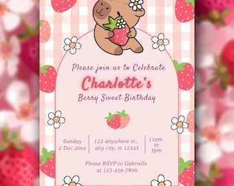 Capybara Birthday invitation | Cute Floral Pink Girls Capybara Party Invite | Spring Capy Birthday | Canva | Printable