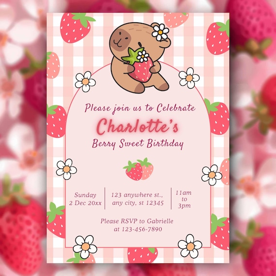 Capybara Birthday invitation | Cute Floral Pink Girls Capybara Party Invite | Spring Capy Birthday | Canva | Printable