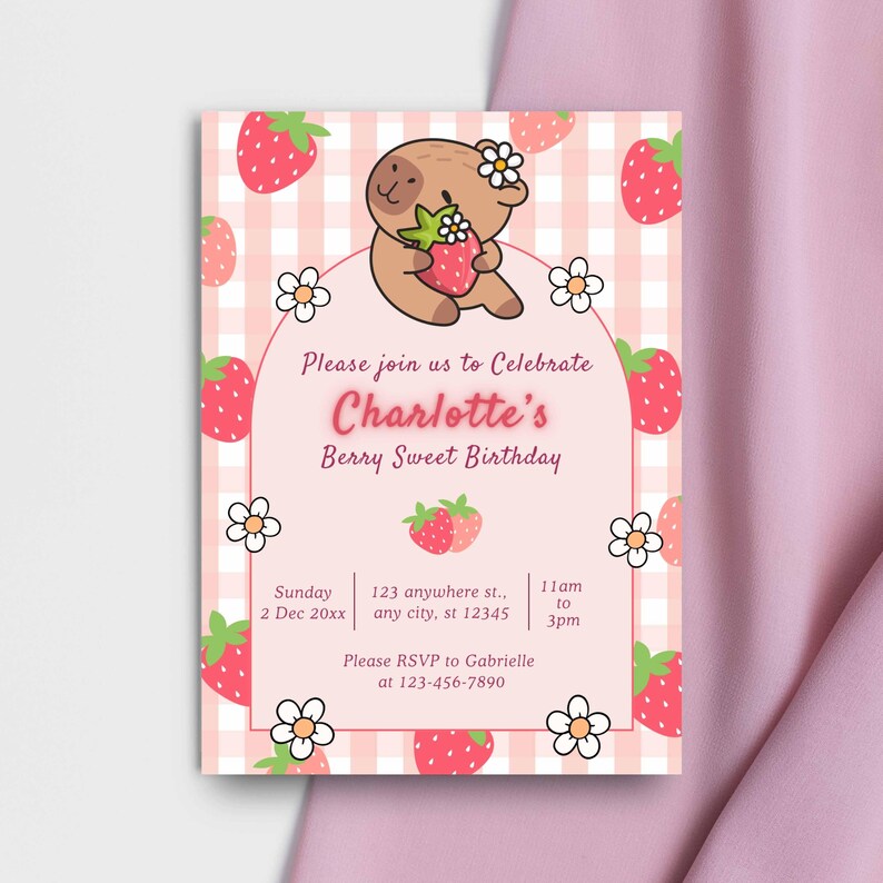 Capybara Birthday invitation, Cute Floral Pink Girls Capybara Party Invite, Spring Capy Birthday | Canva EDITABLE Printable Instant Download