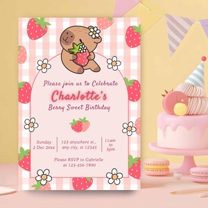 Capybara Birthday invitation, Cute Floral Pink Girls Capybara Party Invite, Spring Capy Birthday | Canva EDITABLE Printable Instant Download