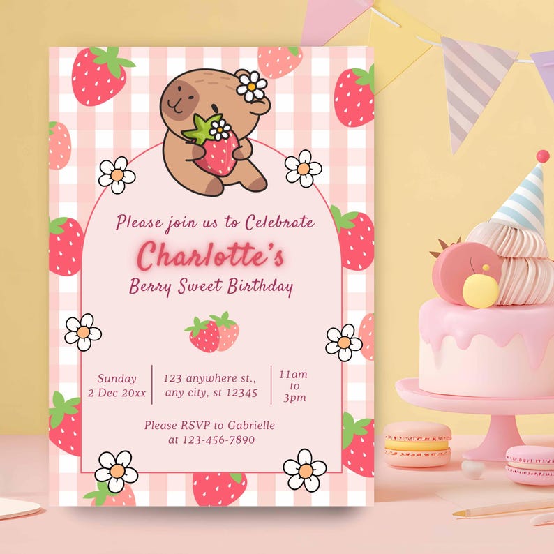 Capybara Birthday invitation, Cute Floral Pink Girls Capybara Party Invite, Spring Capy Birthday | Canva EDITABLE Printable Instant Download