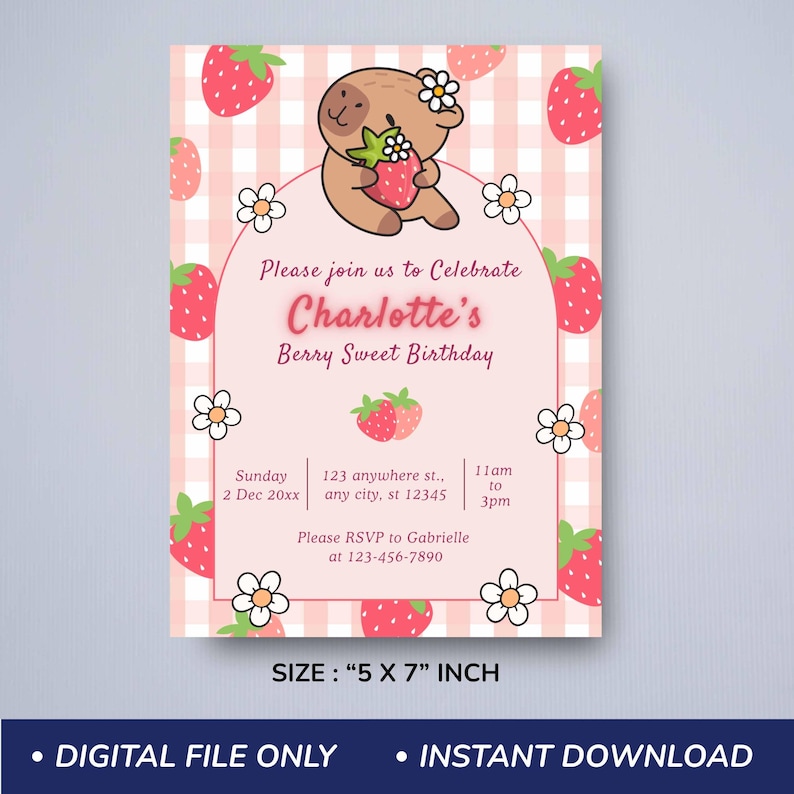 SIZE: 5 BY 7 INCH | Capybara Birthday invitation, Cute Floral Pink Girls Capybara Party Invite, Spring Capy Birthday | Canva EDITABLE Printable Instant Download