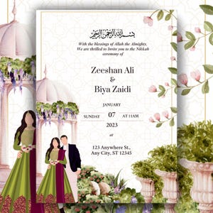 Modello modificabile per invito Nikkah islamico, invito Nikkah floreale di lusso, invito per matrimonio musulmano, invito per ricevimento Walima, modello Canva