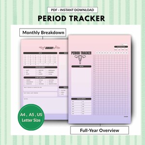 May include: A digital period tracker with a monthly breakdown and full-year overview. The design features a gradient of pink and purple, with sections for dates, feelings, and symptoms. Includes A4, A5, and US Letter sizes.