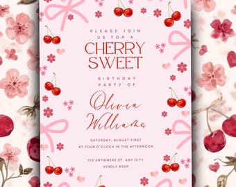 Cherry Sweet Birthday Party Invitation: Sweet Bow Design | Girls Birthday cards | Birthday invitation girl