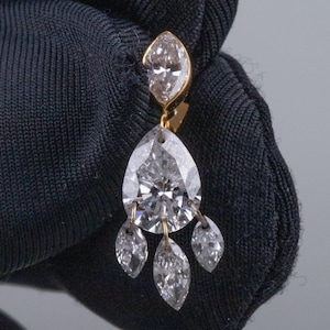 Pendientes colgantes de oro macizo de 10 quilates con diamantes talla pera marquesa / Joyería nupcial para piercing