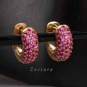 14k Solid Gold Creolen: Rosa CZ Diamant Set