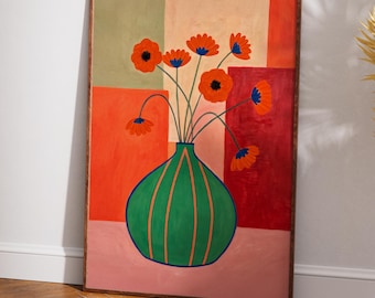 Impression d'art mural floral moderne, affiche de fleurs de vase colorées, décoration moderne du milieu du siècle, art botanique bohème, impression de fleurs abstraites, téléchargement