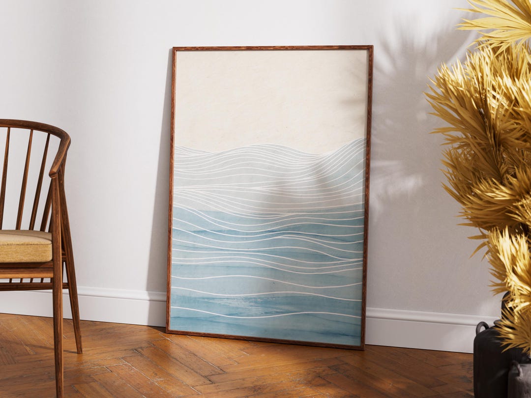 Abstract Ocean Wall Art Printable, Minimalist Blue Wave Illustration ...