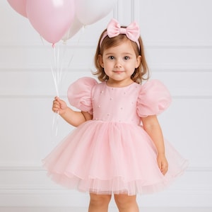 Pink Baby Girl Dress, Pearl Princess Dress, Flower Girl Gown,