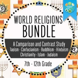 Puede incluir: Un diseño gráfico circular con el texto "WORLD RELIGIONS BUNDLE" en negro. Debajo, se lee "A Comparison and Contrast Study" y enumera religiones. Adecuado para estudiantes de 7º a 12º grado.