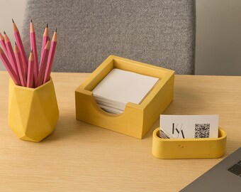 Modern Concrete Office Set – Notepad, Pen, Business Card Holders  Desktop Organizer