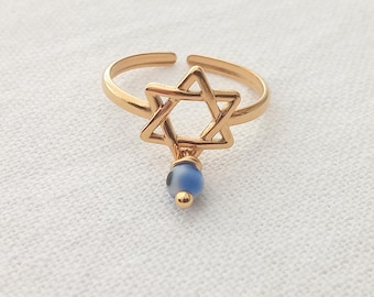 Anillo Estrella de David chapado en oro de 24 quilates. Joyería judía ajustable con el símbolo del mal de ojo. Anillo delicado + Regalo