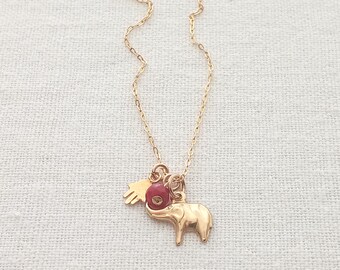 Petit elephant good luck charm 14K Gold Filled. Hamsa & ruby. Layering minimalist tiny necklace.
