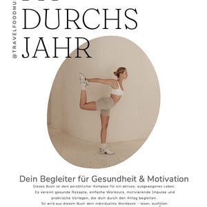Könnte beinhalten: Grafik zum Thema Fitness mit dem Text "FIT DURCHS JAHR" und "Workbook". Eine Frau in Sportkleidung macht eine Yoga-Pose in einem Oval. Der Text "Dein Begleiter für Gesundheit & Motivation" ist ebenfalls vorhanden.