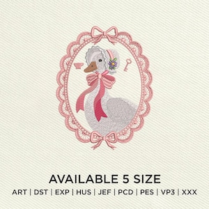 May include: An embroidered design featuring a gray goose wearing a bonnet and a pink bow, set within a pink oval frame with bows. The image includes a teacup and key. Text at the bottom reads "AVAILABLE 5 SIZE".