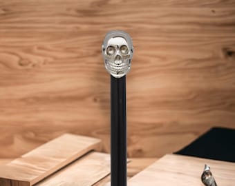 Vintage Brass Skull Walking Cane: Victorian Style Black Wood Stick