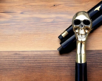 Vintage Brass Skull Walking Cane: Victorian Style Black Wood Stick