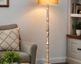 Modern Wooden Tripod Floor Lamp, Natural Wood, Beige Fabric Shade, Storage Shelf