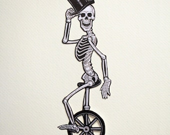 Skeleton Sir on Unicycle Articulated Paper Doll - Macabre Skull Art Decor