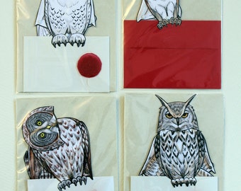 4 Owl Post Cards with Articulated Paper Dolls - Snowy, Great Grey, Eagle and Barn Owls