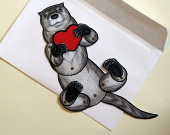 Valentine's Day Articulated Otter Card Paper Doll - fully assembled with message <3