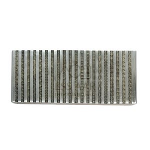 May include: A rectangular, silver-colored metal object with a series of vertical, textured patterns. Each pattern is unique, featuring various geometric and organic designs. The object is set against a plain white background.