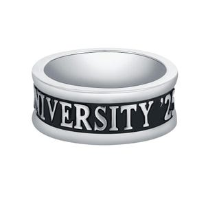 May include: A silver ring with a black band. The ring features the word "UNIVERSITY" in silver letters on the black band, with the year "'25" also in silver. The ring has a polished, reflective surface.