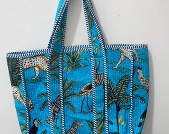 cotton jungle safari block Print handmade Tote Bags Indian style Boho Quilted Bags women wear Tote Bags and shopping bags gift for Turquoise