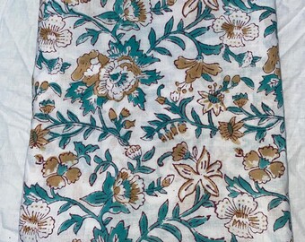 Indian Cotton Fabric by Yard | Teal & Beige Floral Block Print | Bohemian Textile for DIY, Dress, Craft Projects