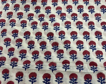 Red Flower Hand Block Print Cotton Fabric – Blue Leaf Motif on White – Indian Dressmaking & Craft Material by Yard