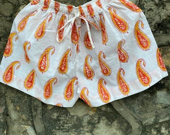 White Cotton Paisley Shorts | Orange Yellow Block Print Lounge Shorts | Handmade Boho Summer Wear