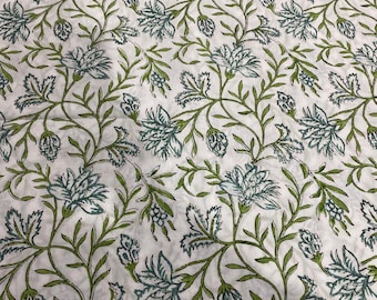 Hand Block Printed White Cotton Fabric Green & Blue Floral Vine Pattern  Soft Indian Fabric for Sewing, Dressmaking   Crafts
